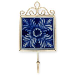 Blue and Off White Metal & Ceramic Tile Wall Hook 8" x 4"